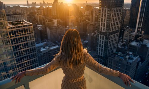 Rich,Woman,Enjoying,The,Sunset,Standing,On,The,Balcony,At
