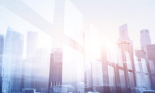 Futuristic,Business,Background,,Double,Exposure,Of,Office,Window,And,City